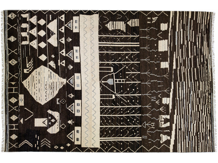 Modern Moroccan Style Brown Handmade Tribal Motif Oversize Wool Rug
