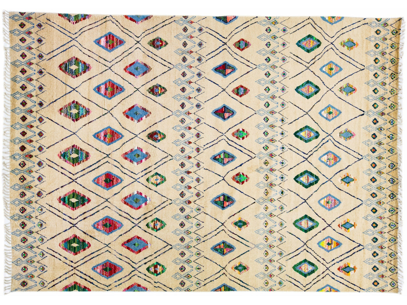 Modern Moroccan Style Handmade Beige Wool Rug With Tribal Design