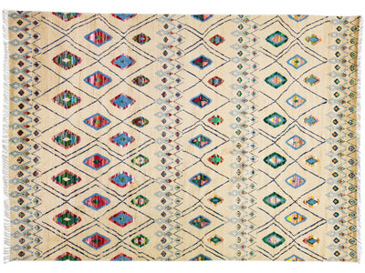 Modern Moroccan Style Handmade Beige Wool Rug With Tribal Design