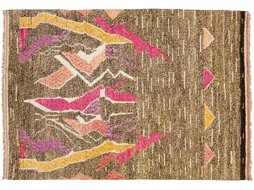 Modern Moroccan Style Tan Handmade Wool Rug With Multicolor Abstract Design