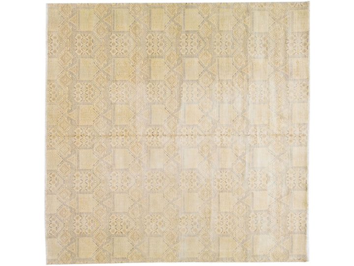 Modern Handmade Beige Square Wool Rug with Geometric Pattern