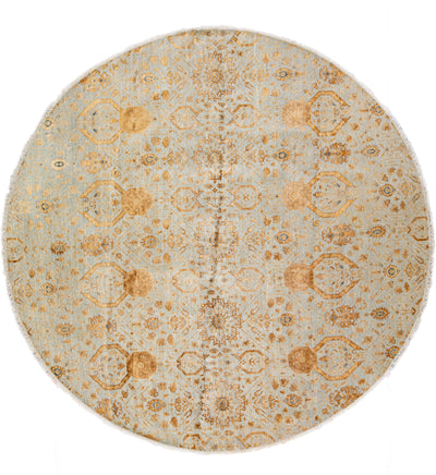 Gray Modern Indian Handmade Floral Wool and Silk Round Rug