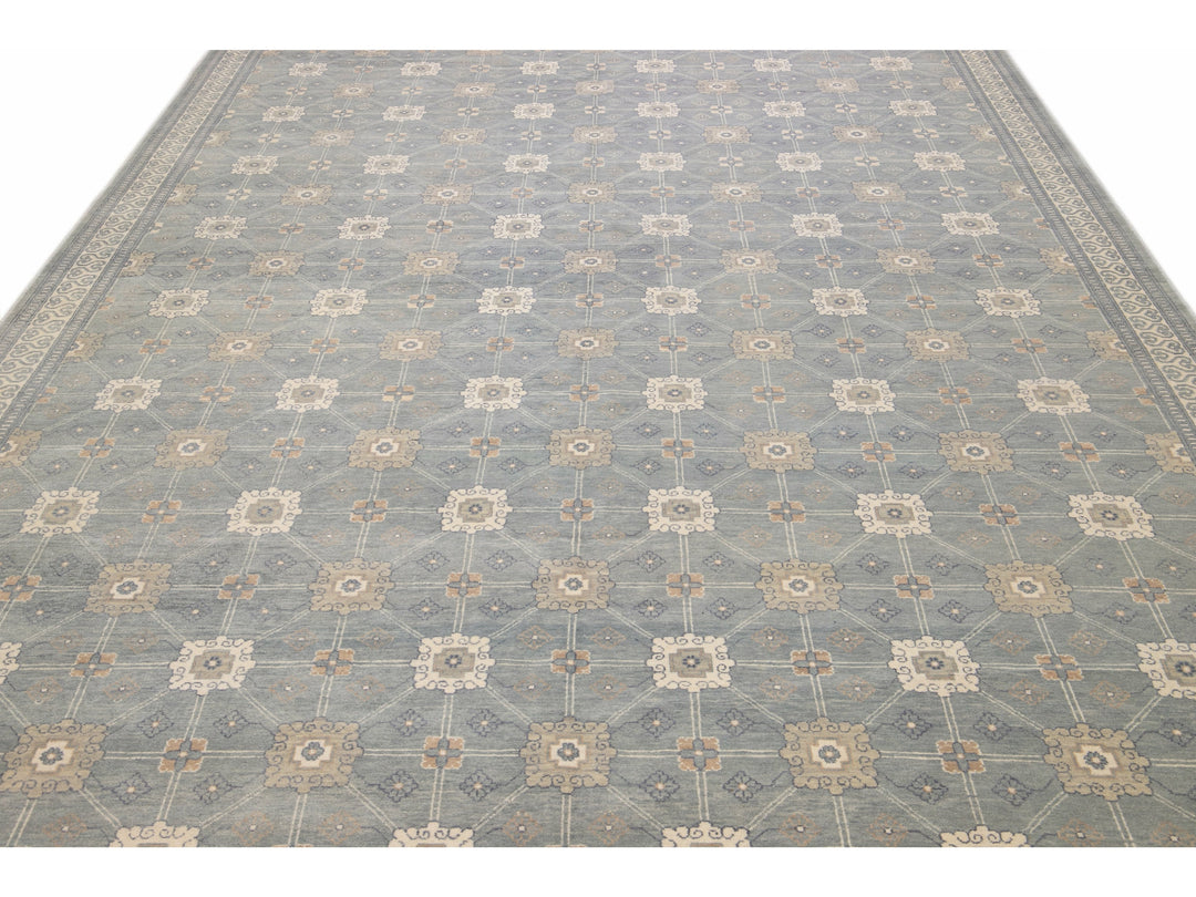 Modern Gray Khotan Style Handmade Geometric Designed Wool Rug