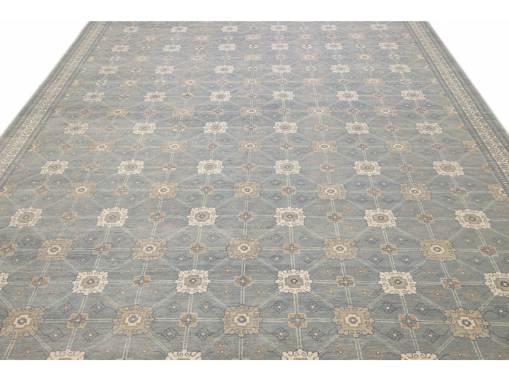 Modern Gray Khotan Style Handmade Geometric Designed Wool Rug
