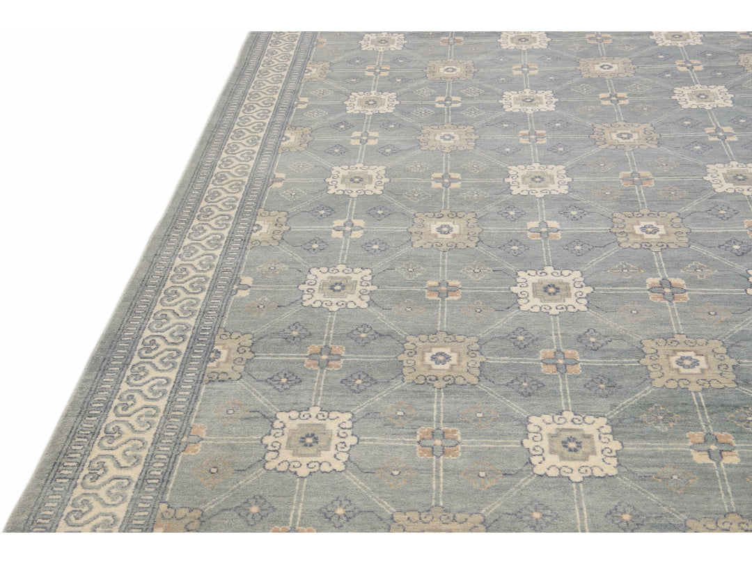 Modern Gray Khotan Style Handmade Geometric Designed Wool Rug