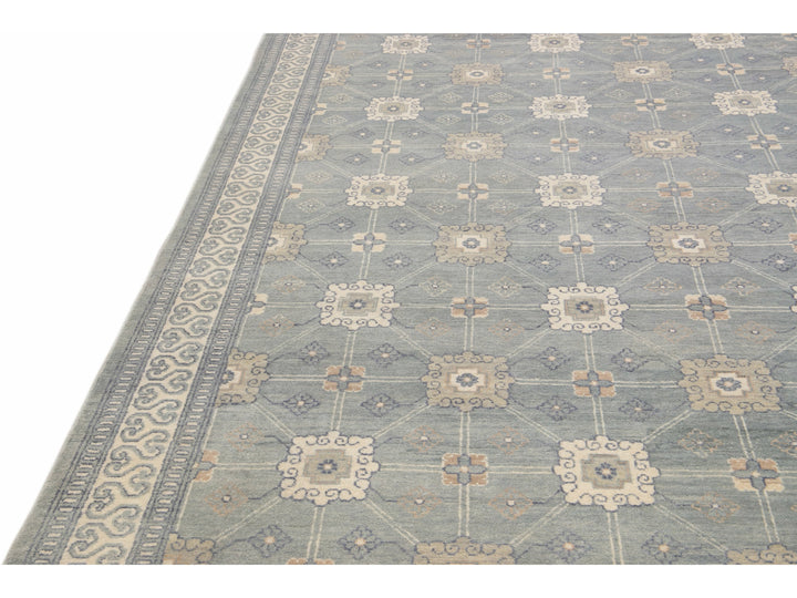 Modern Gray Khotan Style Handmade Geometric Designed Wool Rug