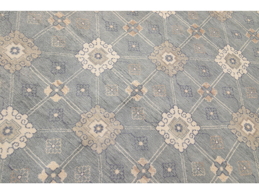 Modern Gray Khotan Style Handmade Geometric Designed Wool Rug