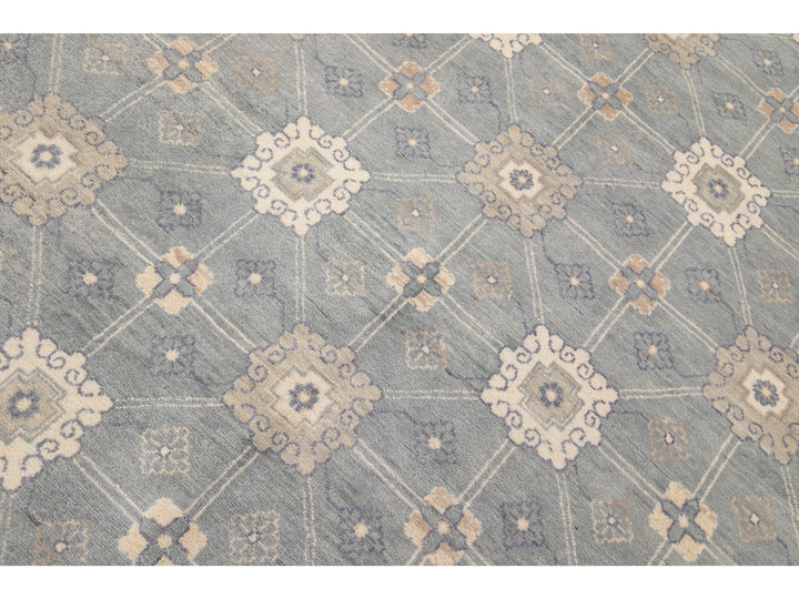 Modern Gray Khotan Style Handmade Geometric Designed Wool Rug