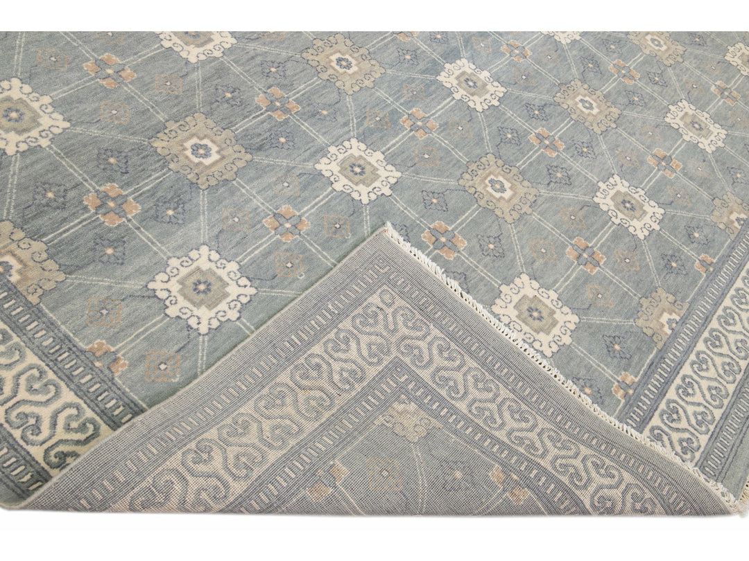 Modern Gray Khotan Style Handmade Geometric Designed Wool Rug