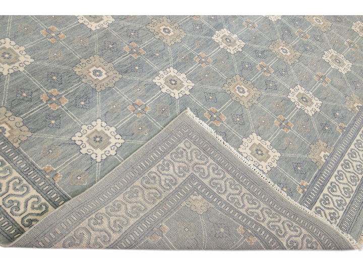 Modern Gray Khotan Style Handmade Geometric Designed Wool Rug