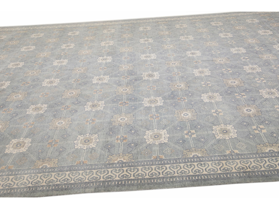 Modern Gray Khotan Style Handmade Geometric Designed Wool Rug