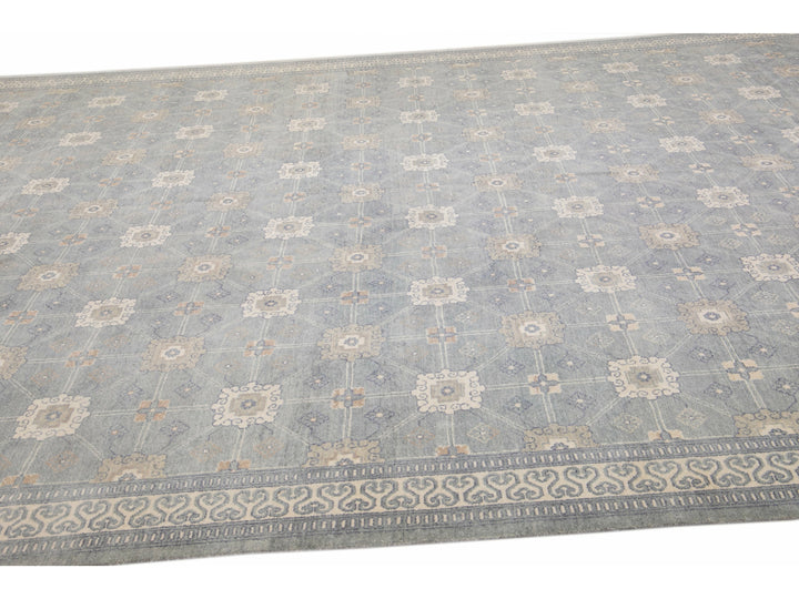 Modern Gray Khotan Style Handmade Geometric Designed Wool Rug