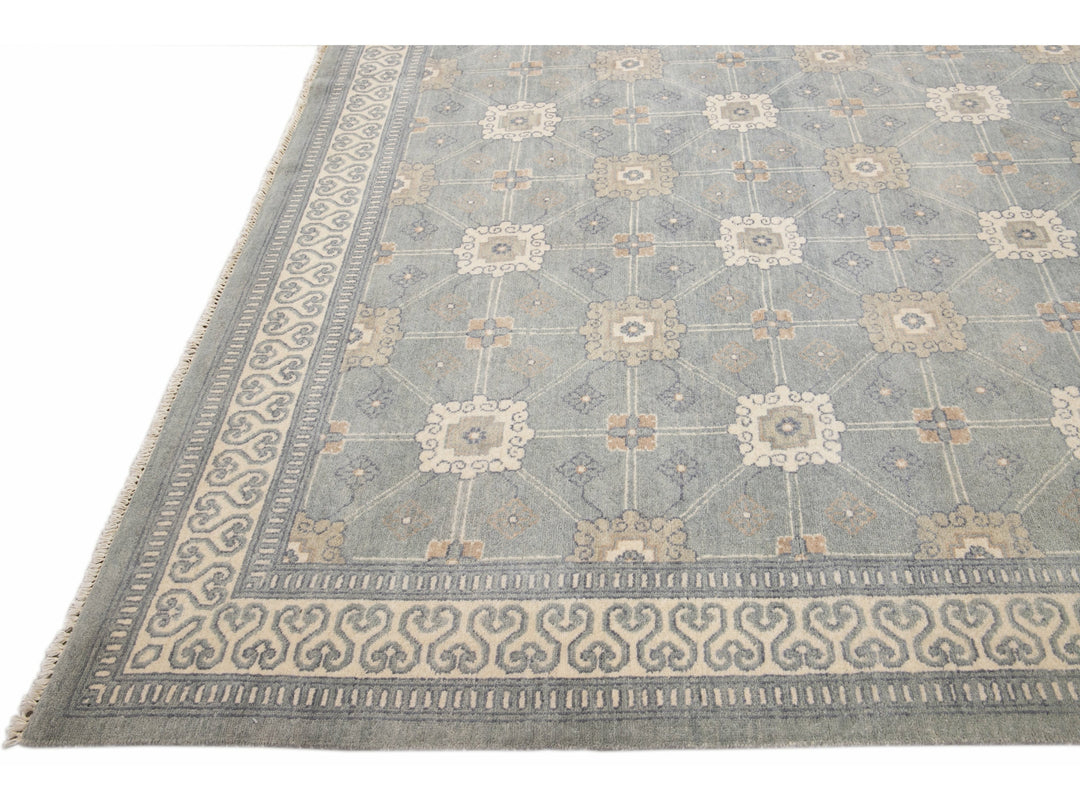 Modern Gray Khotan Style Handmade Geometric Designed Wool Rug