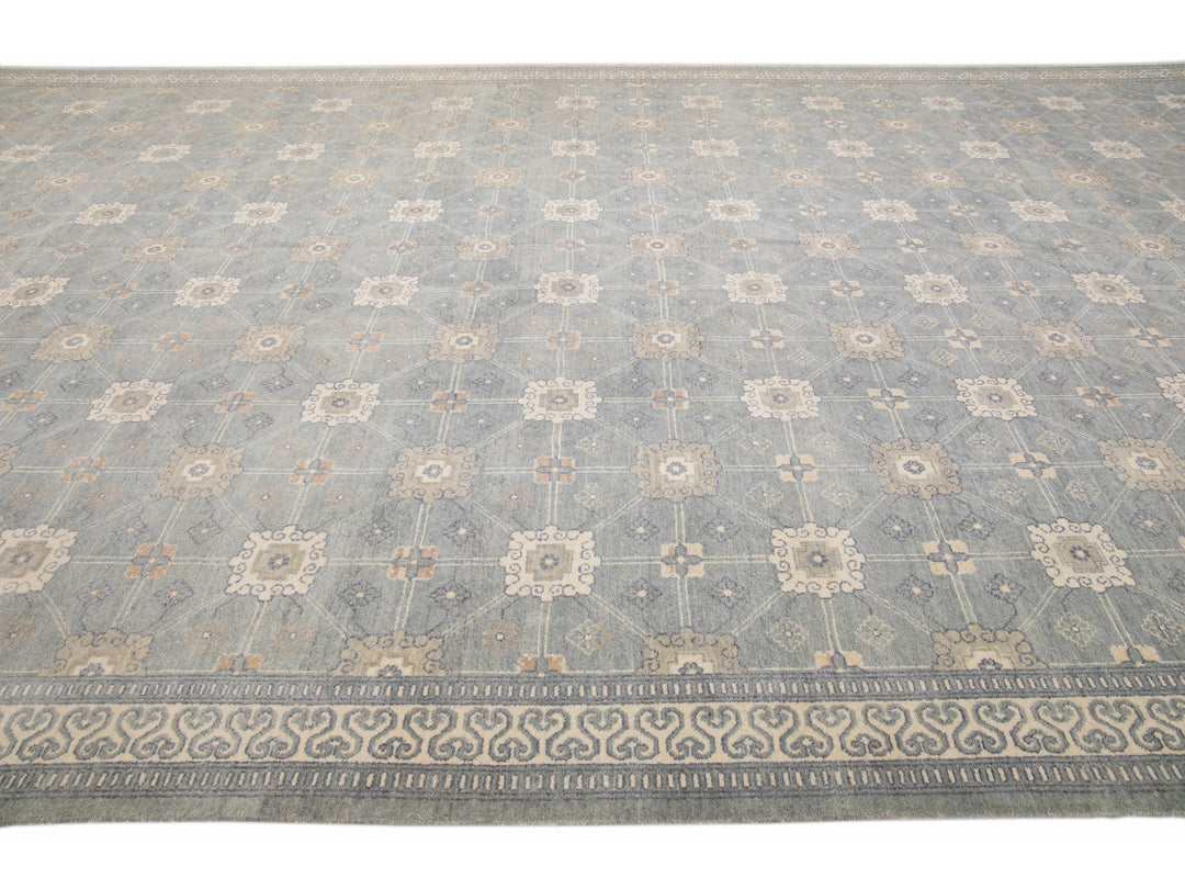 Modern Gray Khotan Style Handmade Geometric Designed Wool Rug