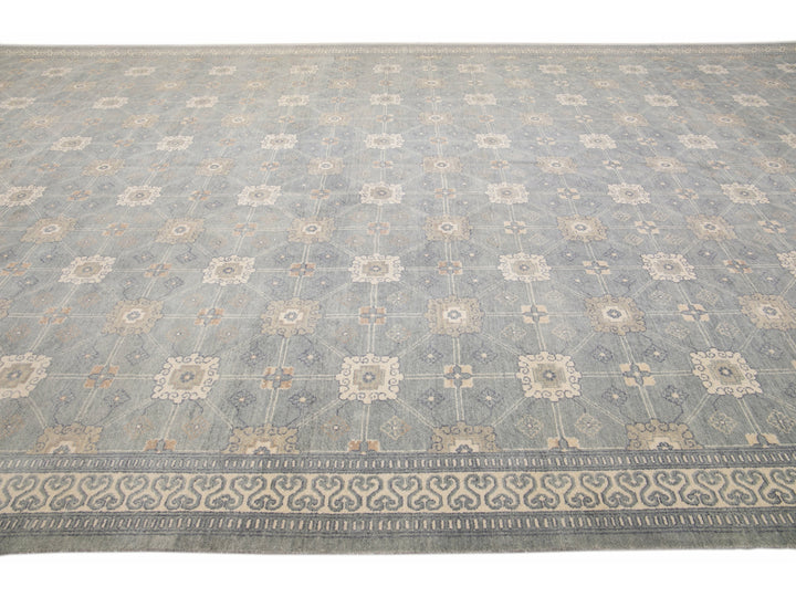 Modern Gray Khotan Style Handmade Geometric Designed Wool Rug