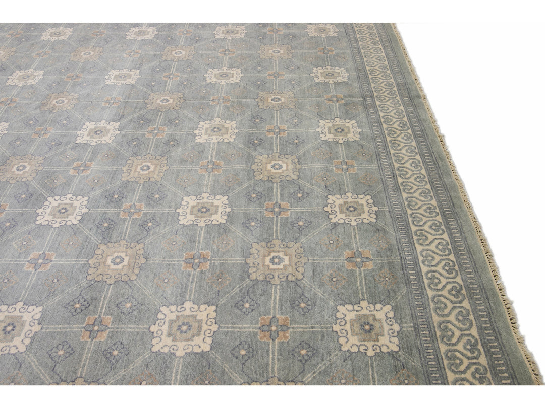 Modern Gray Khotan Style Handmade Geometric Designed Wool Rug