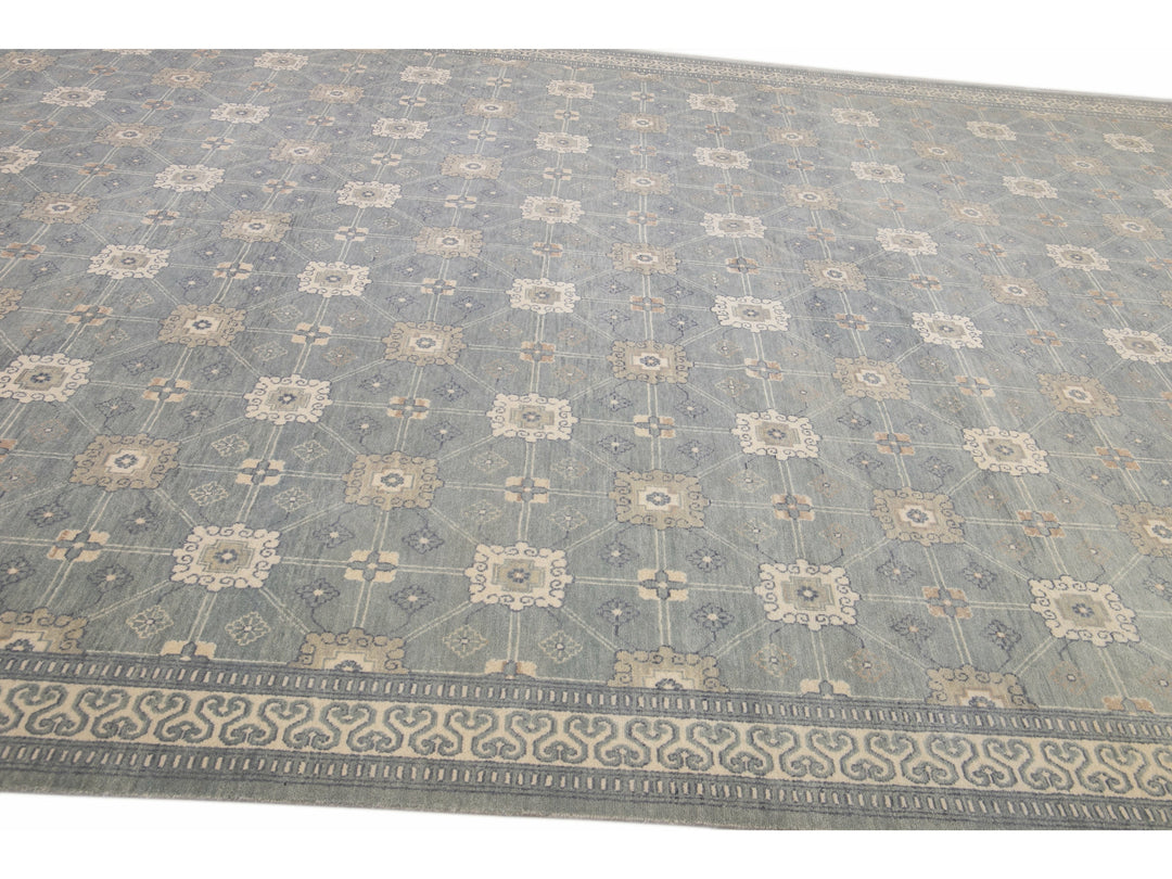 Modern Gray Khotan Style Handmade Geometric Designed Wool Rug