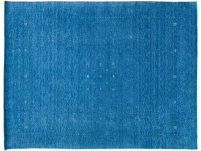 Modern Gabbeh Style Hand-Loom Wool Rug With Azure Blue Solid Color