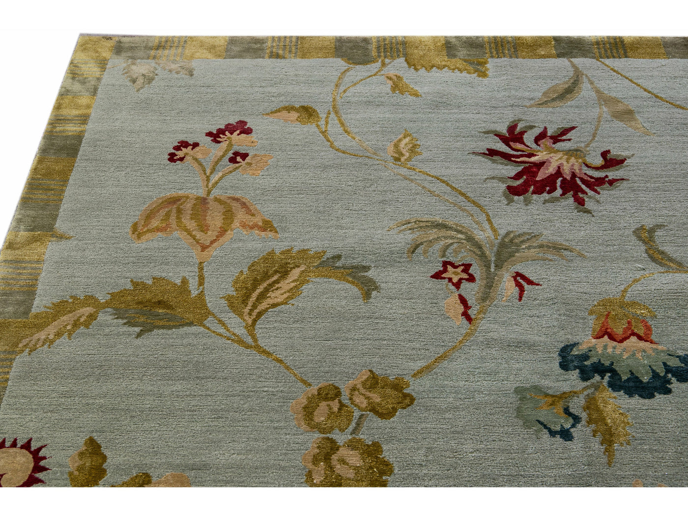 Modern Tibetan Handmade Lyndhurst Floral Pattern Gray Wool and Silk Rug