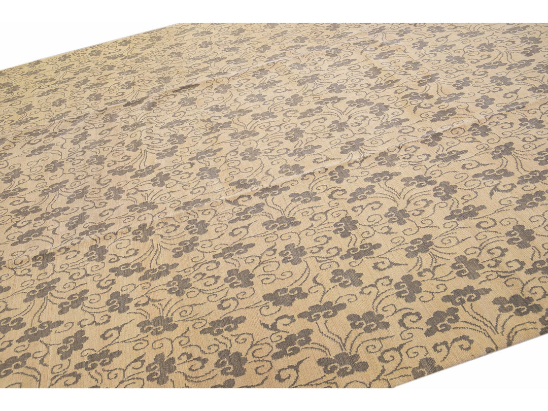 Modern Tibetan Handmade Allover Floral Pattern Beige Wool and Silk Rug