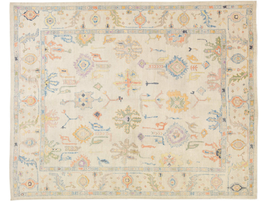 Modern Turkish Oushak Handmade Floral Beige Oversize Wool Rug