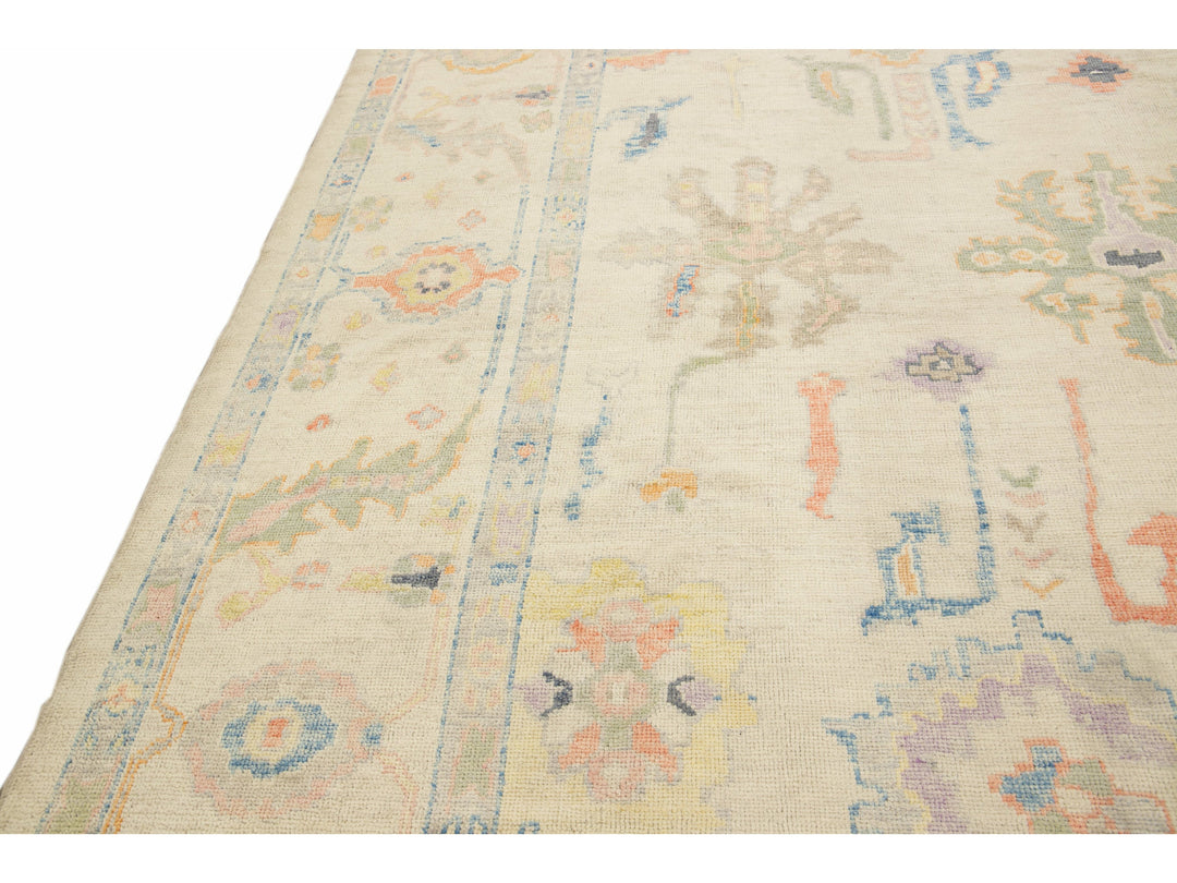 Modern Turkish Oushak Handmade Floral Beige Oversize Wool Rug