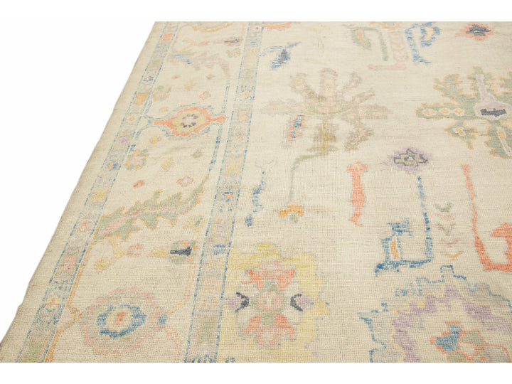 Modern Turkish Oushak Handmade Floral Beige Oversize Wool Rug