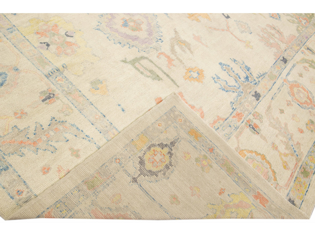 Modern Turkish Oushak Handmade Floral Beige Oversize Wool Rug