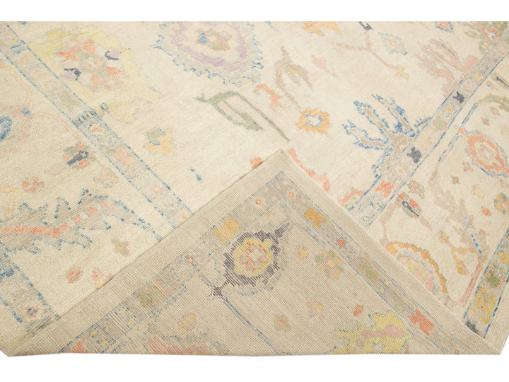 Modern Turkish Oushak Handmade Floral Beige Oversize Wool Rug