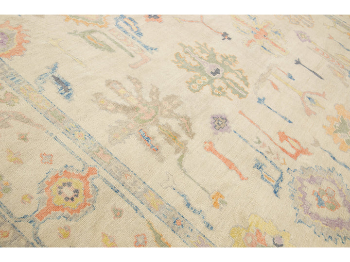 Modern Turkish Oushak Handmade Floral Beige Oversize Wool Rug