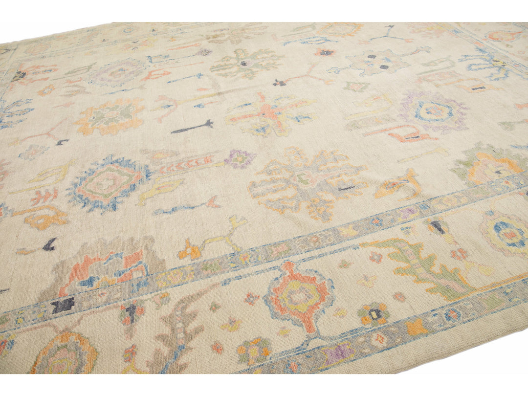 Modern Turkish Oushak Handmade Floral Beige Oversize Wool Rug