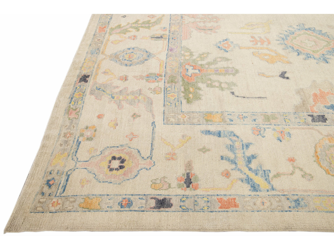 Modern Turkish Oushak Handmade Floral Beige Oversize Wool Rug