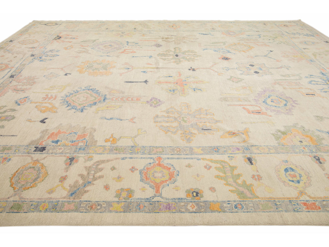 Modern Turkish Oushak Handmade Floral Beige Oversize Wool Rug