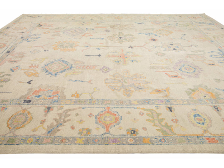 Modern Turkish Oushak Handmade Floral Beige Oversize Wool Rug