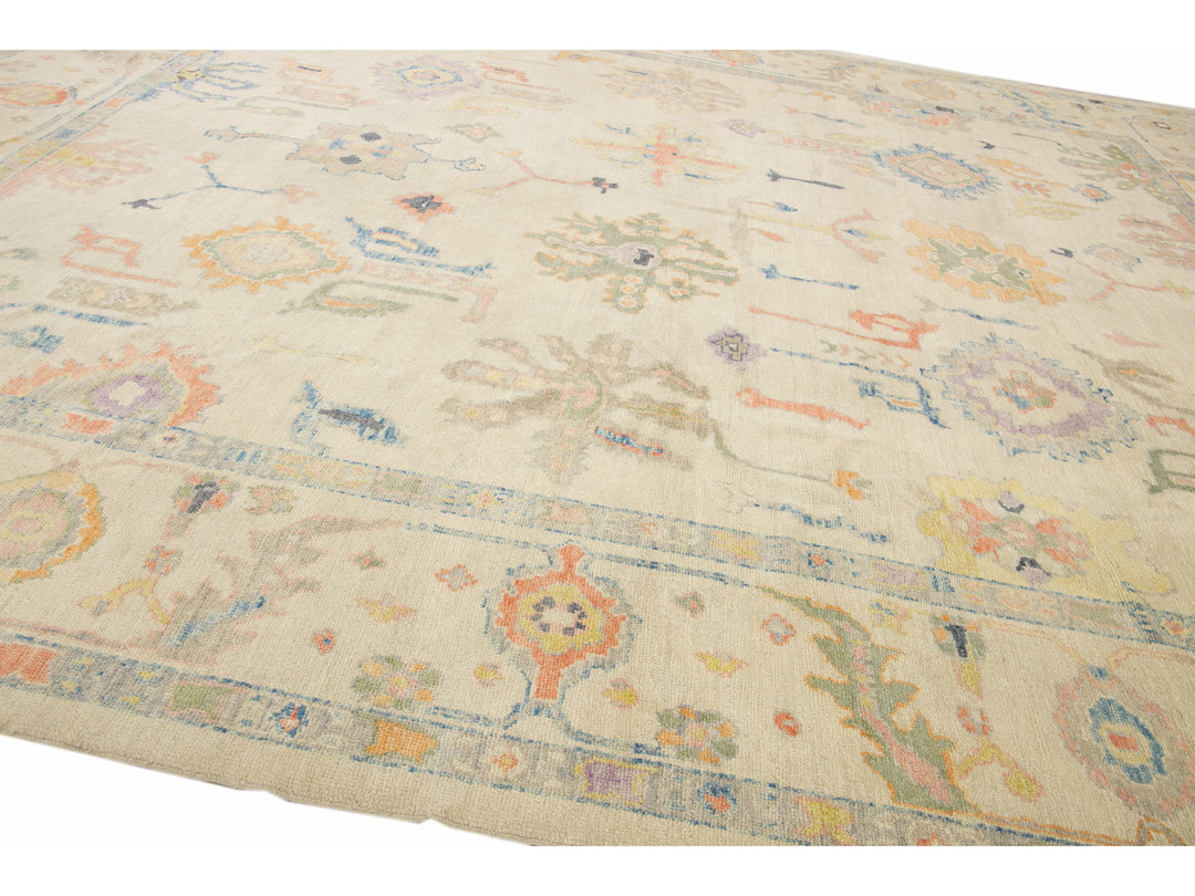 Modern Turkish Oushak Handmade Floral Beige Oversize Wool Rug