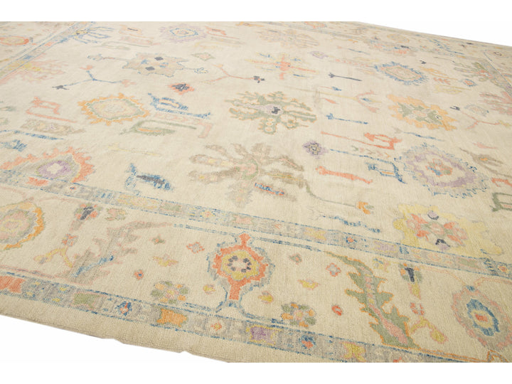 Modern Turkish Oushak Handmade Floral Beige Oversize Wool Rug