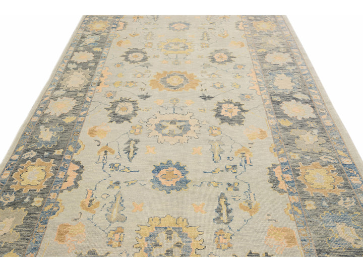 Long Modern Gray Turkish Oushak Handmade Floral Gallery Wool Runner