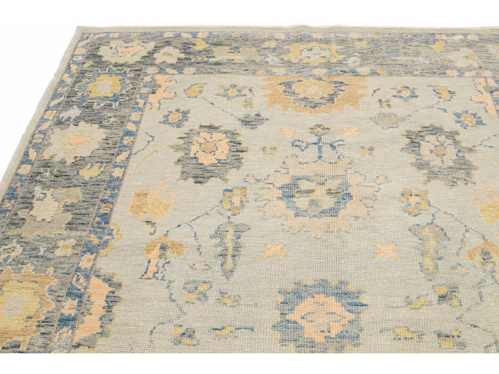 Long Modern Gray Turkish Oushak Handmade Floral Gallery Wool Runner
