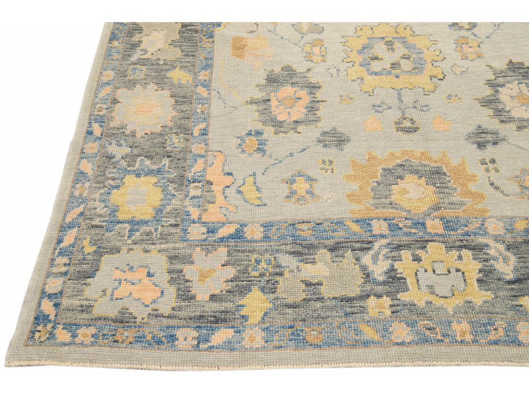 Long Modern Gray Turkish Oushak Handmade Floral Gallery Wool Runner