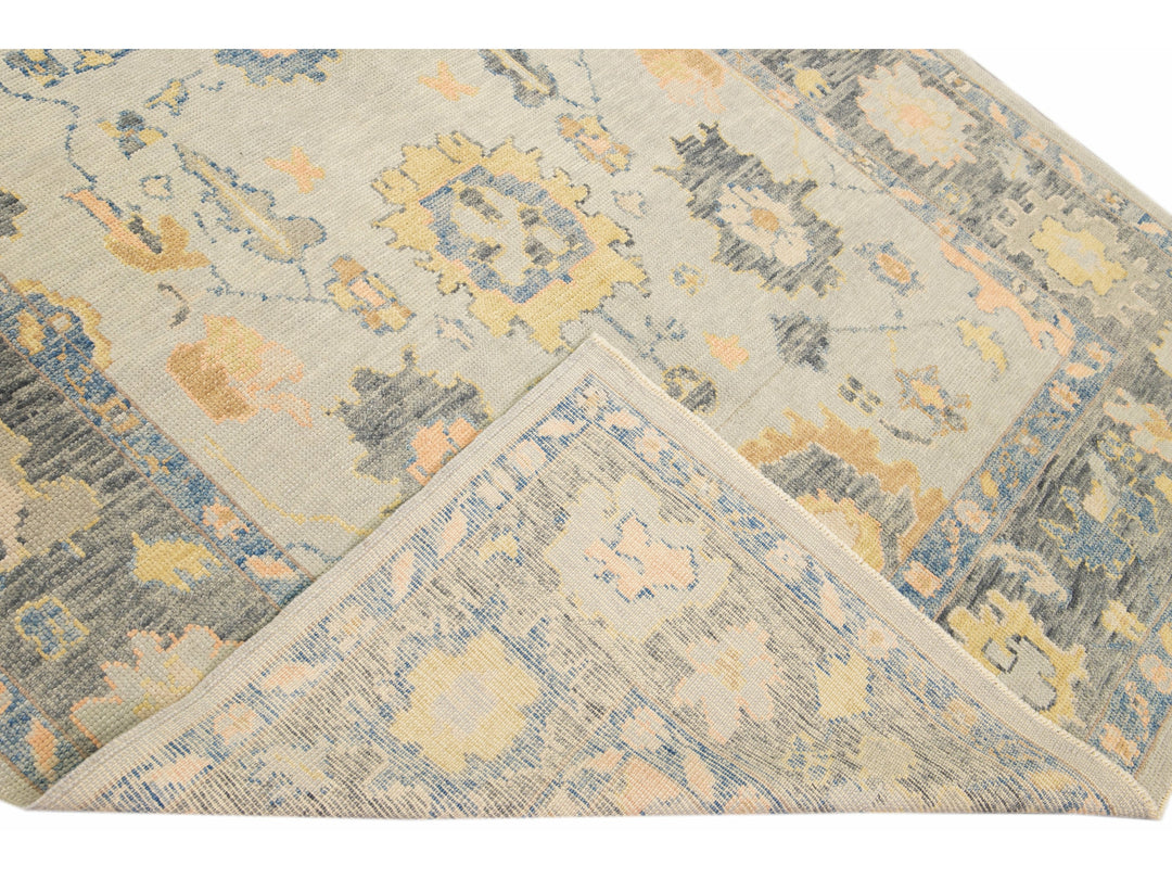Long Modern Gray Turkish Oushak Handmade Floral Gallery Wool Runner