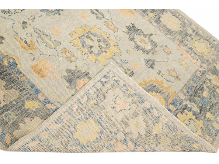 Long Modern Gray Turkish Oushak Handmade Floral Gallery Wool Runner