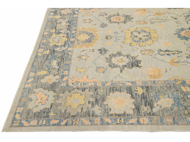 Long Modern Gray Turkish Oushak Handmade Floral Gallery Wool Runner