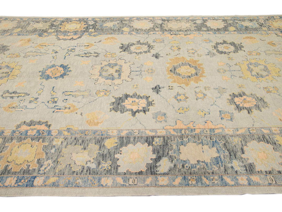 Long Modern Gray Turkish Oushak Handmade Floral Gallery Wool Runner