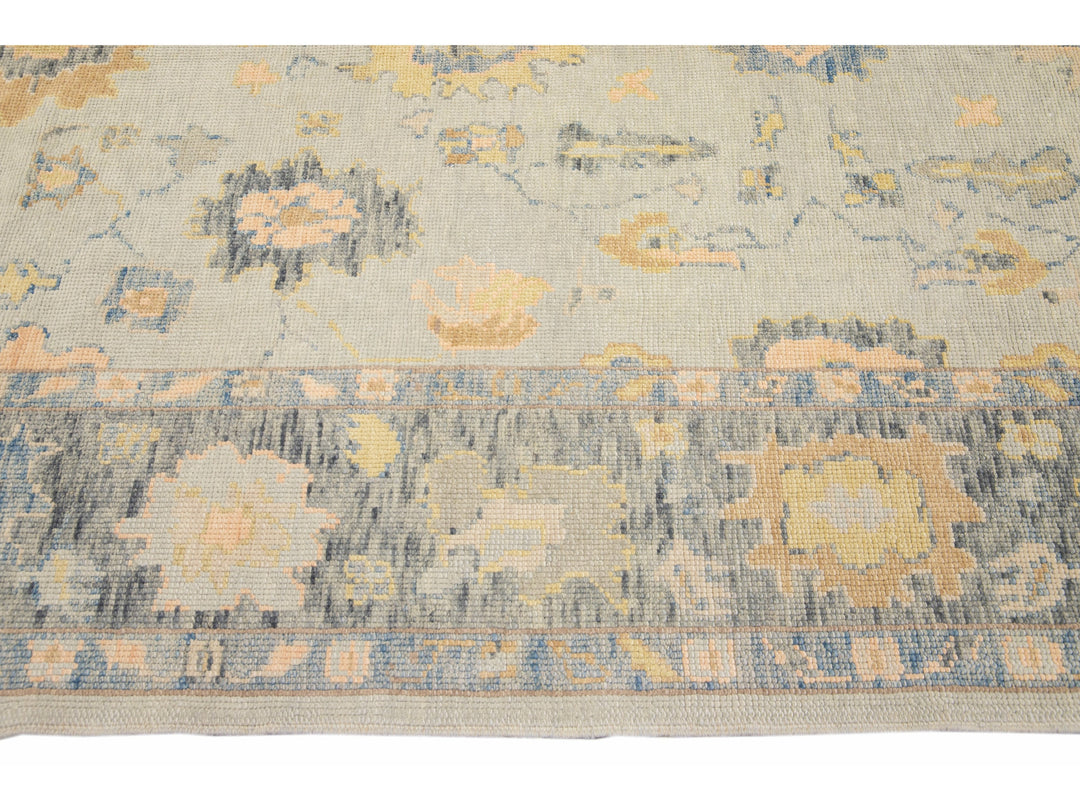 Long Modern Gray Turkish Oushak Handmade Floral Gallery Wool Runner