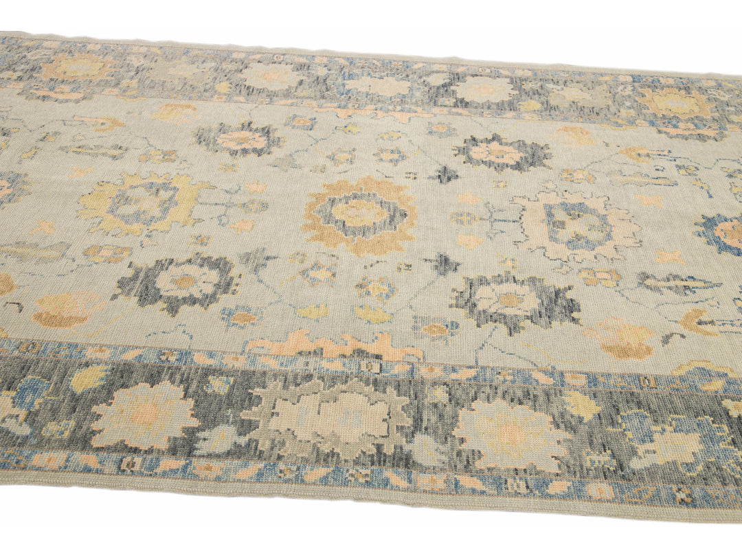 Long Modern Gray Turkish Oushak Handmade Floral Gallery Wool Runner
