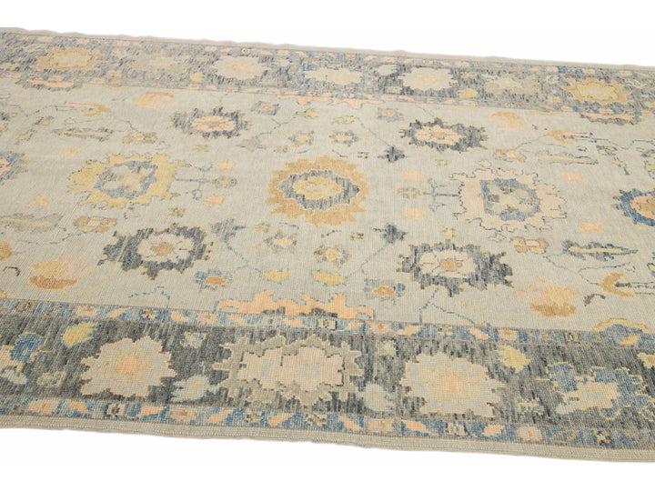 Long Modern Gray Turkish Oushak Handmade Floral Gallery Wool Runner