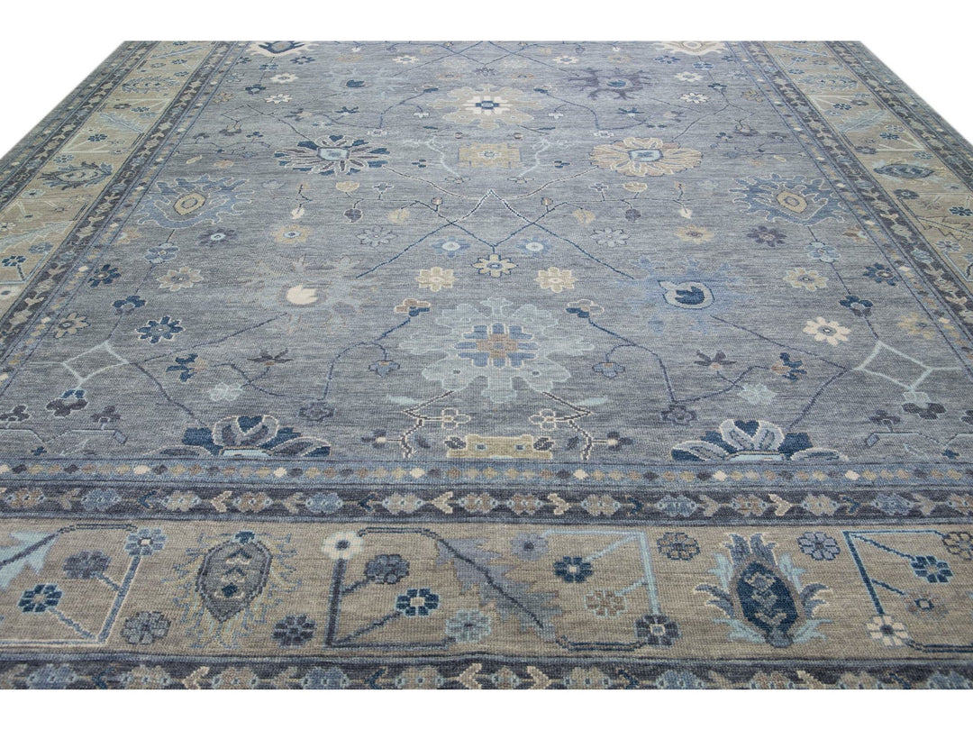 Modern Gray and Beige Oushak Handmade Floral Motif Oversize Wool Rug
