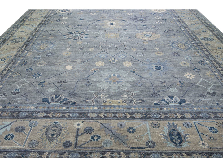 Modern Gray and Beige Oushak Handmade Floral Motif Oversize Wool Rug