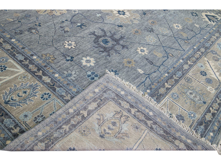 Modern Gray and Beige Oushak Handmade Floral Motif Oversize Wool Rug