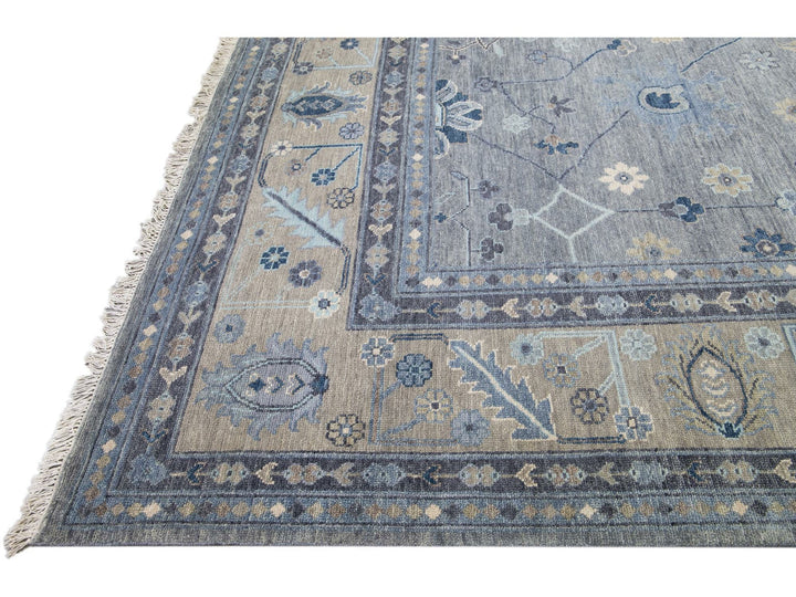 Modern Gray and Beige Oushak Handmade Floral Motif Oversize Wool Rug